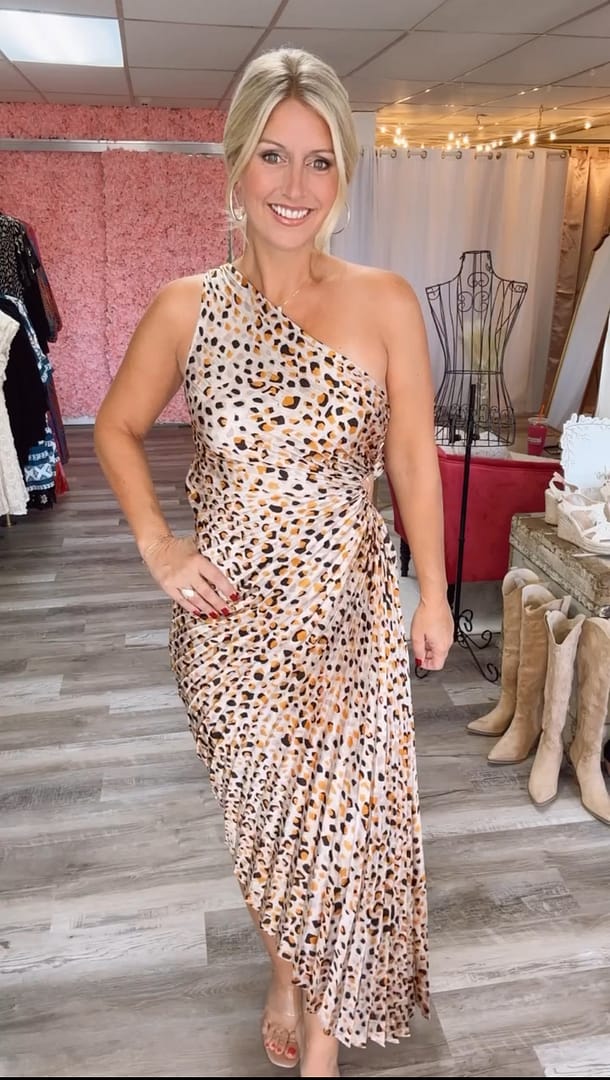 Dress Forum-Fall24-DFGP-golden leopard one shoulder pleated dress