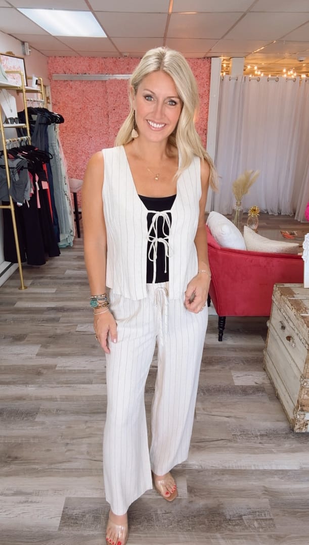 Blu Pepper-Winter25-BPVP-oatmeal black pinstripe tie front vest shirt w/wide leg linen pants