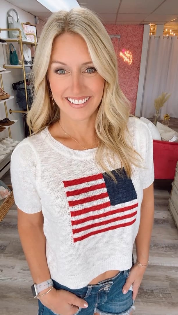 BiBi-Spring25-BBFL-ivory short sleeve flag sweater top