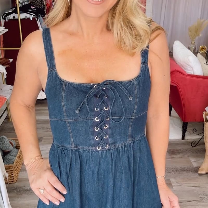 Blu Pepper-Winter25-BPDD-lace up sleeveless denim midi dress
