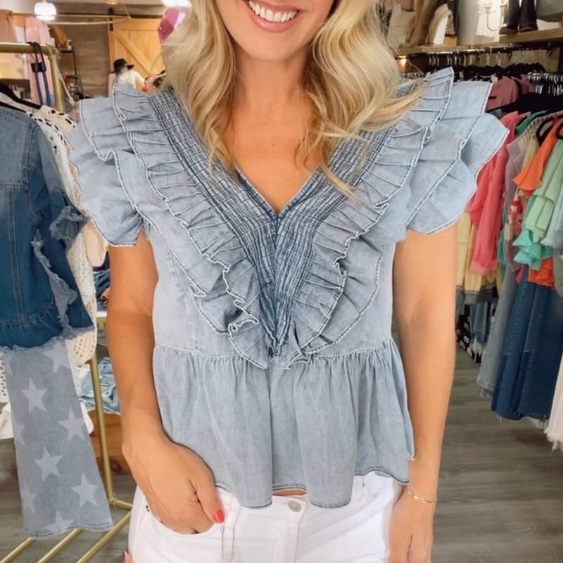 BiBi-Summer24-BBDR-denim smocked v-neck ruffle sleeve top