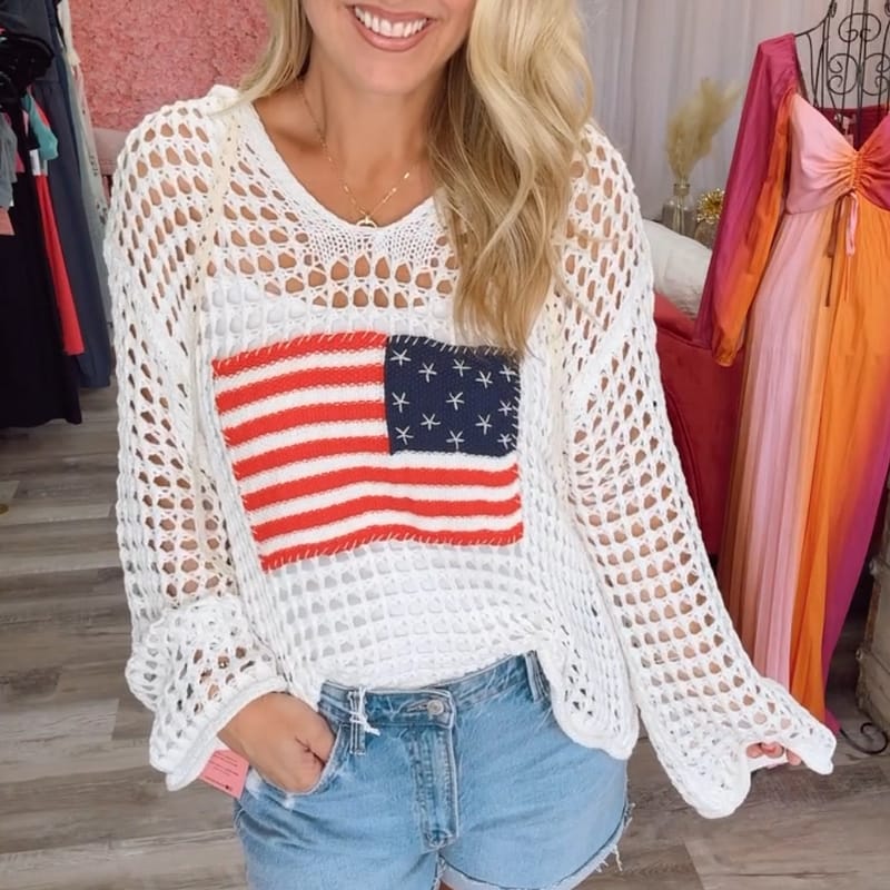 White America Flag Crochet Knit Hooded Sweater